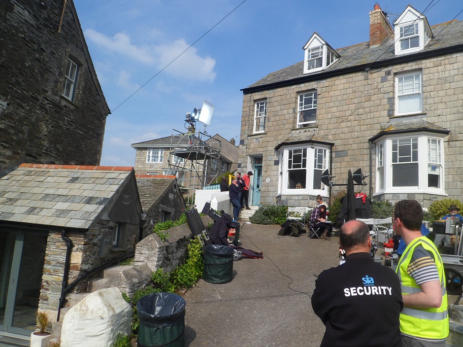 Filming outside 73 Fore Street.